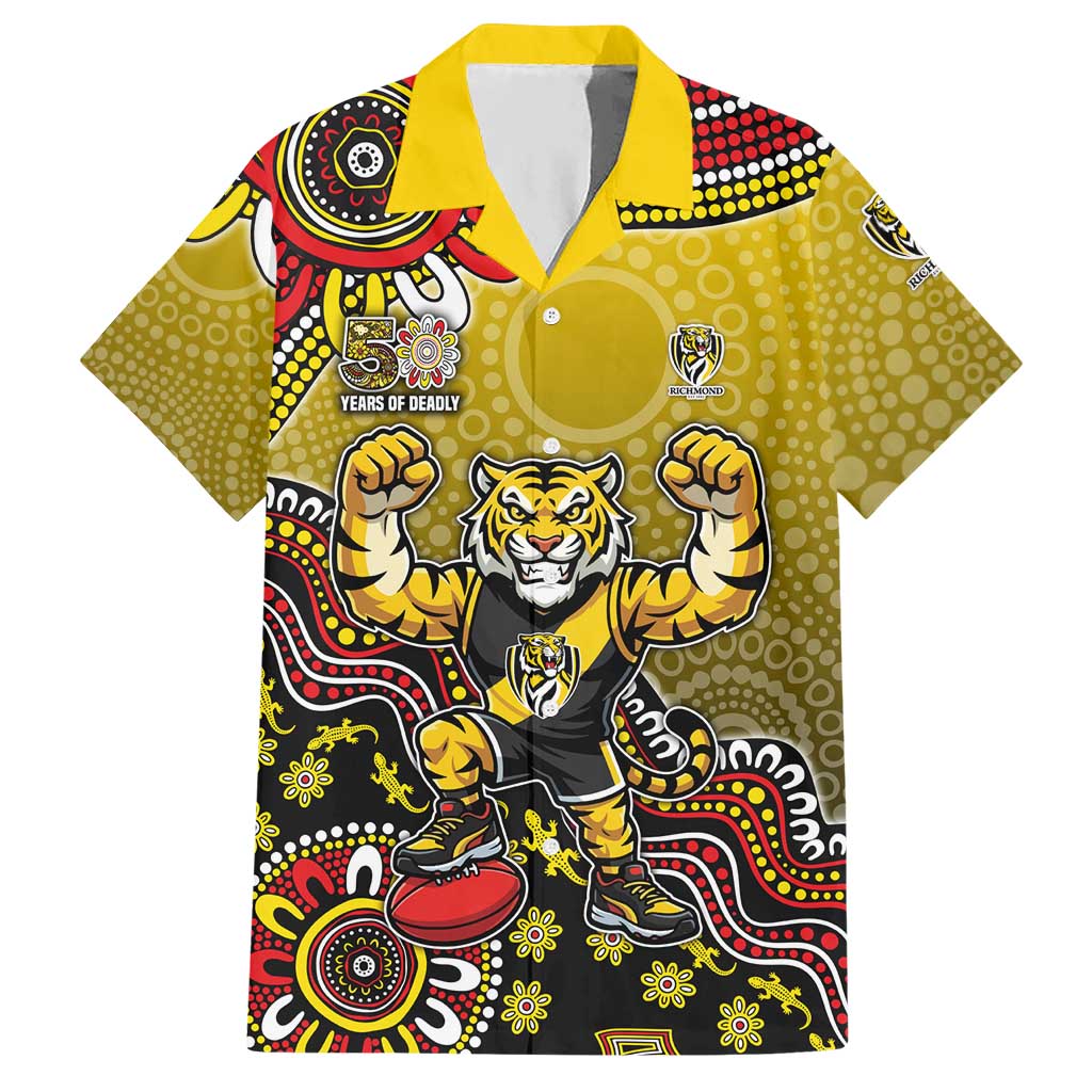 Personalized Richmond Tigers  Football Mascot Hawaiian Shirt Aboriginal Dot Art Style Vibrant Indigenous Pattern Design
