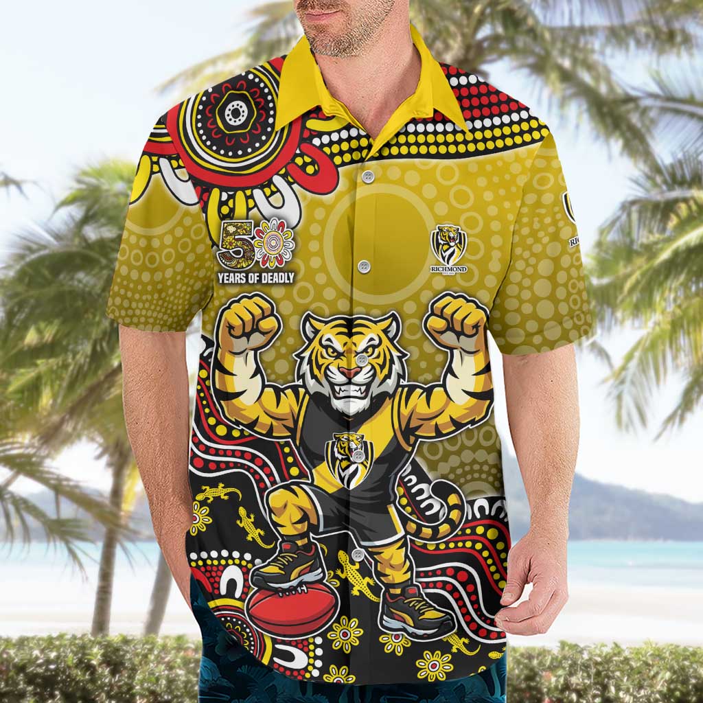 Personalized Richmond Tigers  Football Mascot Hawaiian Shirt Aboriginal Dot Art Style Vibrant Indigenous Pattern Design