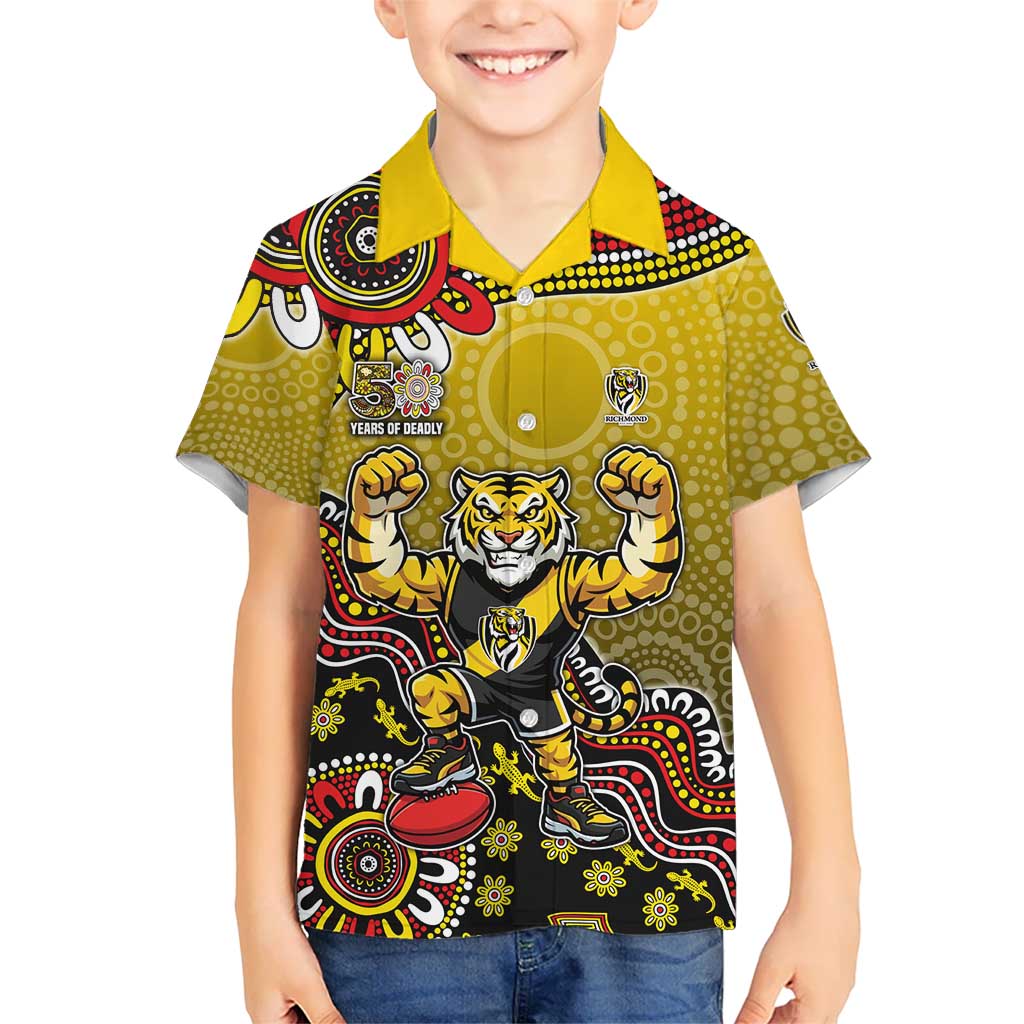 Personalized Richmond Tigers  Football Mascot Hawaiian Shirt Aboriginal Dot Art Style Vibrant Indigenous Pattern Design