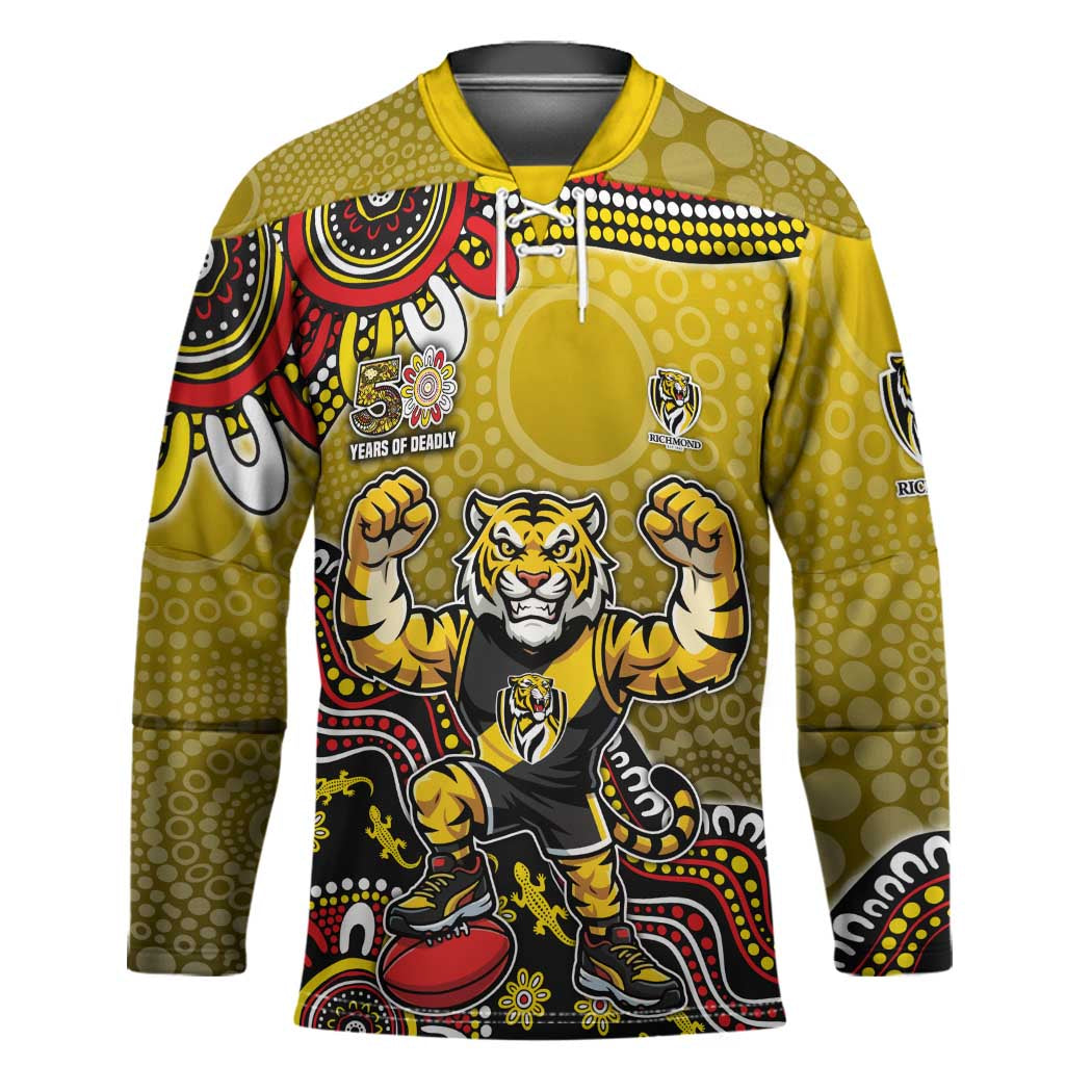 Personalized Richmond Tigers  Football Mascot Hockey Jersey Aboriginal Dot Art Style Vibrant Indigenous Pattern Design