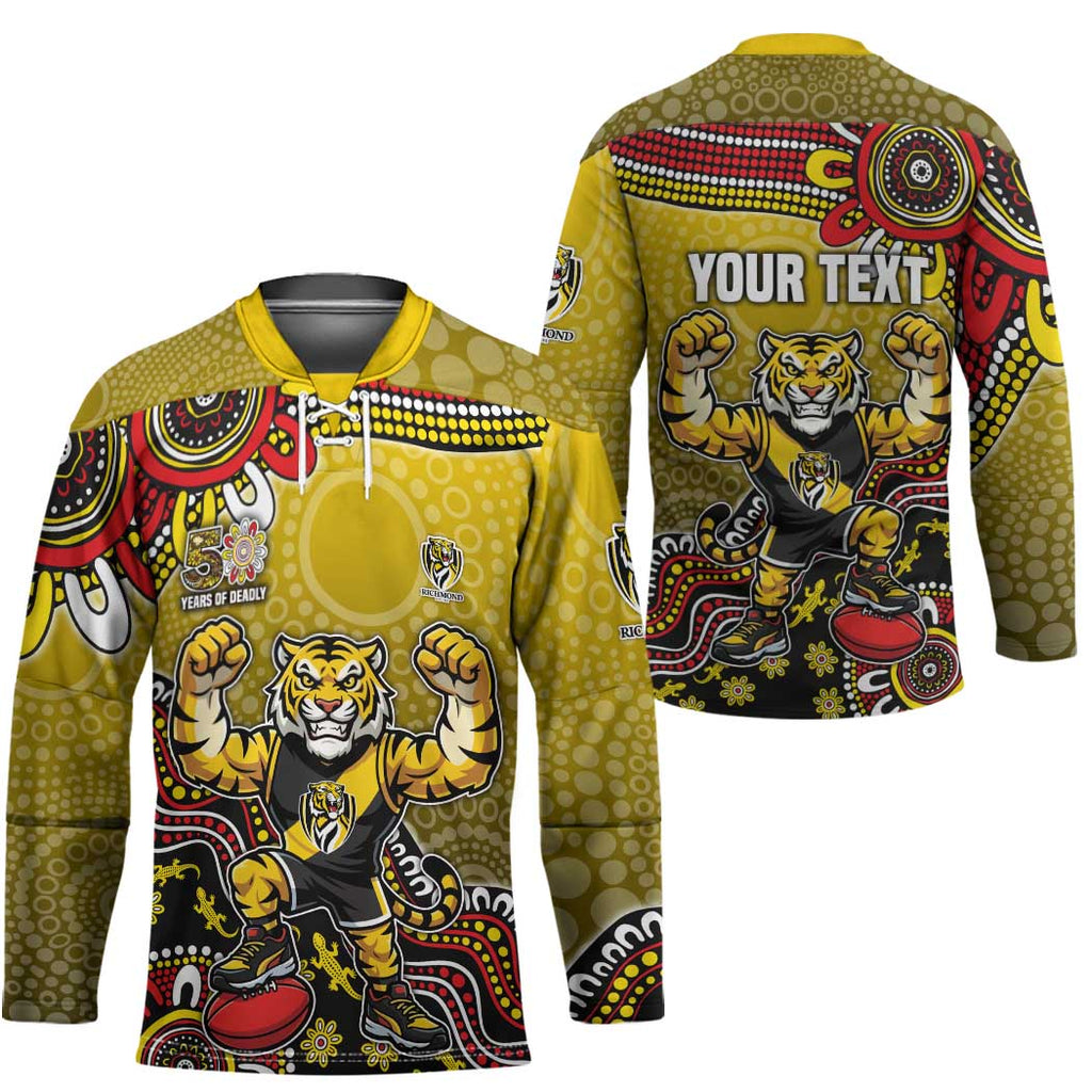 Personalized Richmond Tigers  Football Mascot Hockey Jersey Aboriginal Dot Art Style Vibrant Indigenous Pattern Design