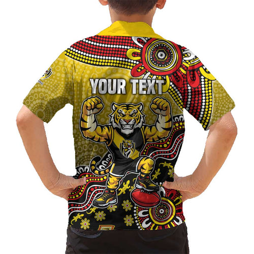 Personalized Richmond Tigers  Football Mascot Kid Hawaiian Shirt Aboriginal Dot Art Style Vibrant Indigenous Pattern Design