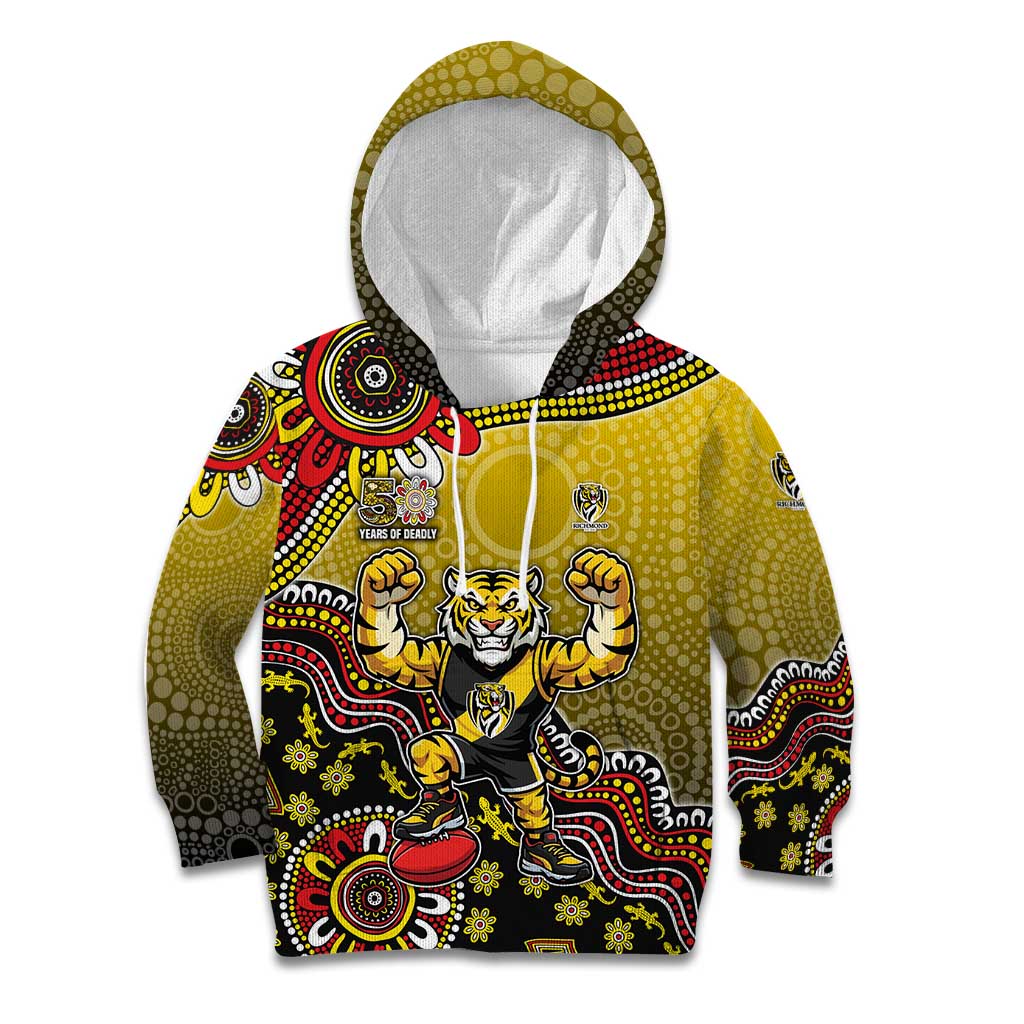 Personalized Richmond Tigers  Football Mascot Kid Hoodie Aboriginal Dot Art Style Vibrant Indigenous Pattern Design