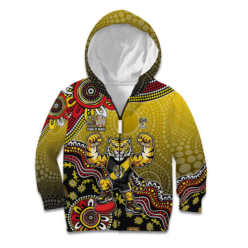 Personalized Richmond Tigers  Football Mascot Kid Hoodie Aboriginal Dot Art Style Vibrant Indigenous Pattern Design