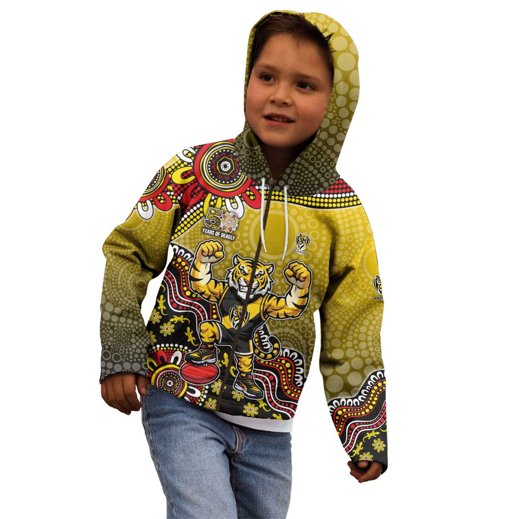 Personalized Richmond Tigers  Football Mascot Kid Hoodie Aboriginal Dot Art Style Vibrant Indigenous Pattern Design