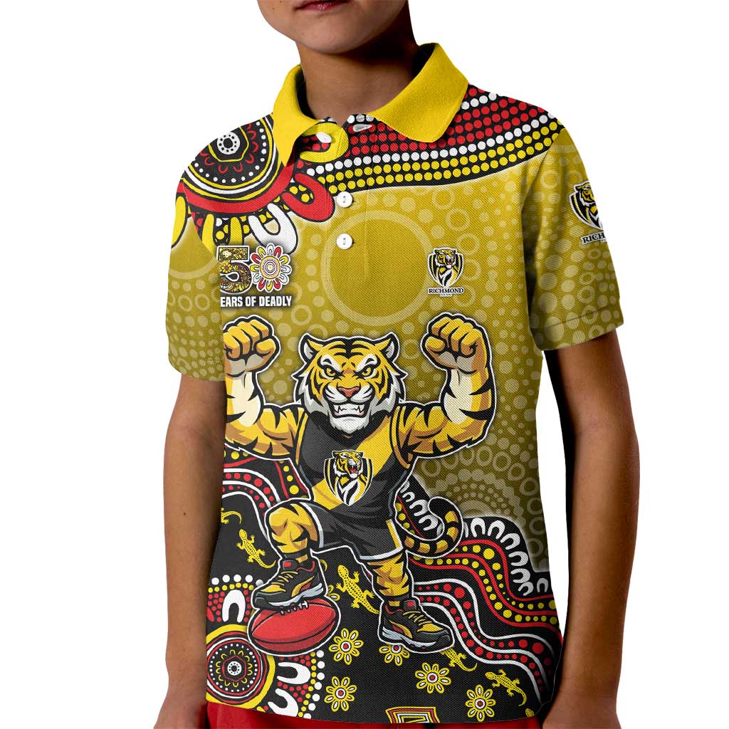 Personalized Richmond Tigers  Football Mascot Kid Polo Shirt Aboriginal Dot Art Style Vibrant Indigenous Pattern Design