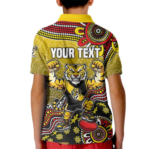 Personalized Richmond Tigers  Football Mascot Kid Polo Shirt Aboriginal Dot Art Style Vibrant Indigenous Pattern Design