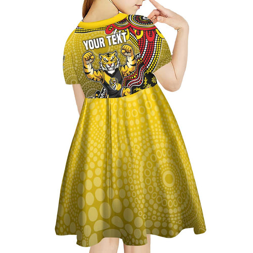 Personalized Richmond Tigers  Football Mascot Kid Short Sleeve Dress Aboriginal Dot Art Style Vibrant Indigenous Pattern Design