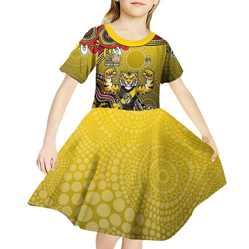 Personalized Richmond Tigers  Football Mascot Kid Short Sleeve Dress Aboriginal Dot Art Style Vibrant Indigenous Pattern Design