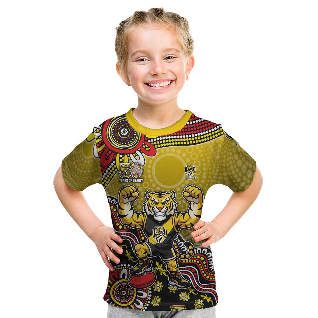 Personalized Richmond Tigers  Football Mascot Kid T Shirt Aboriginal Dot Art Style Vibrant Indigenous Pattern Design