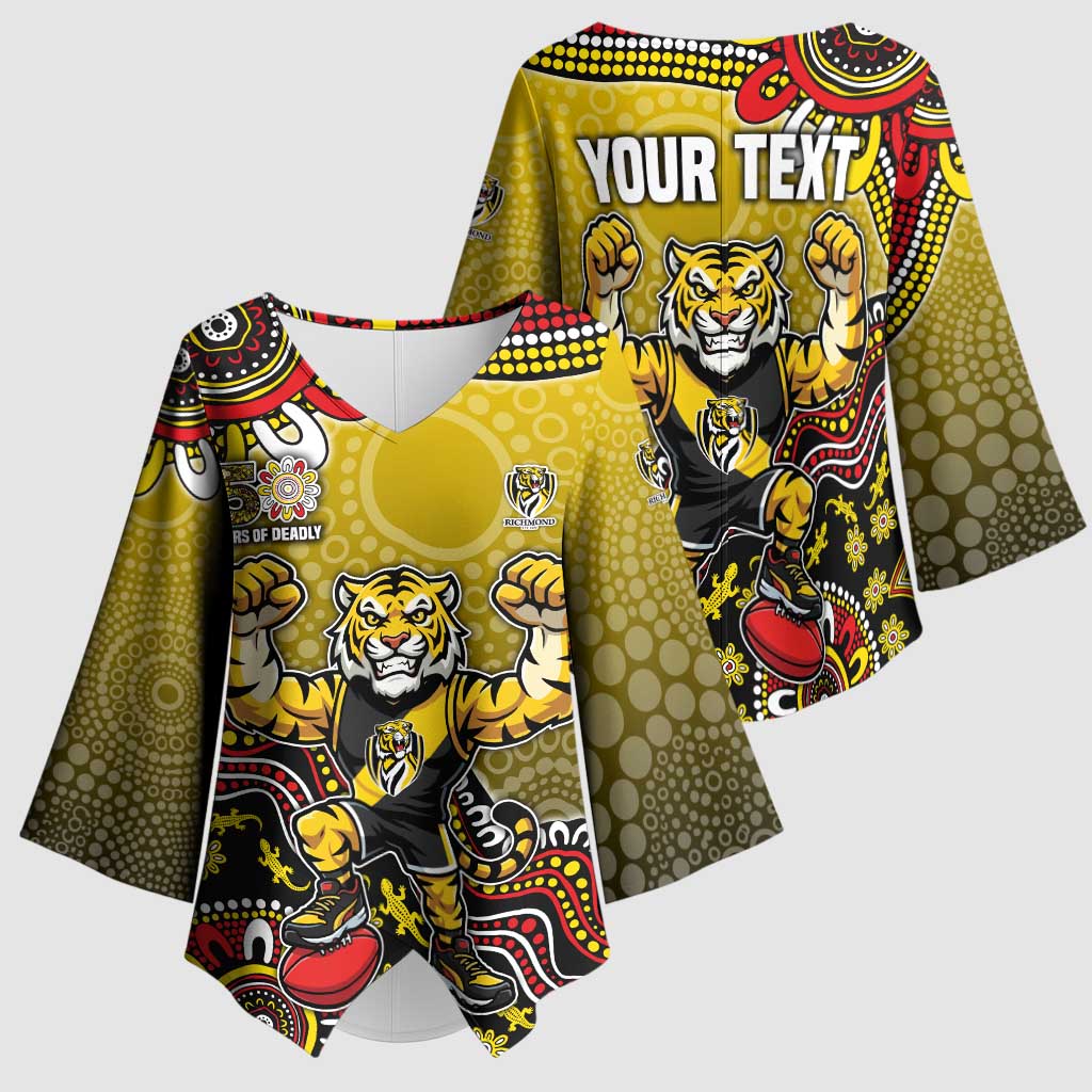Personalized Richmond Tigers  Football Mascot Kimono Sleeve Blouse Aboriginal Dot Art Style Vibrant Indigenous Pattern Design