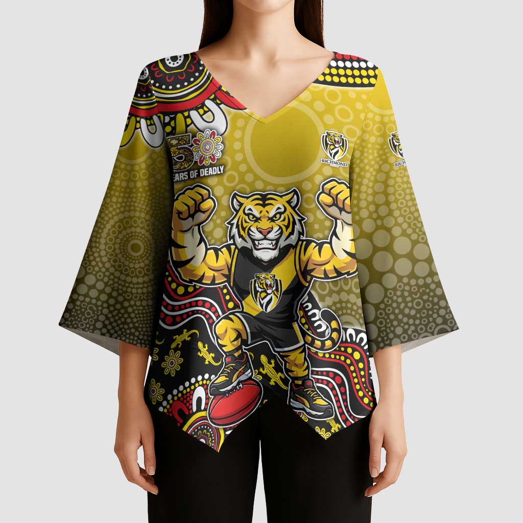 Personalized Richmond Tigers  Football Mascot Kimono Sleeve Blouse Aboriginal Dot Art Style Vibrant Indigenous Pattern Design