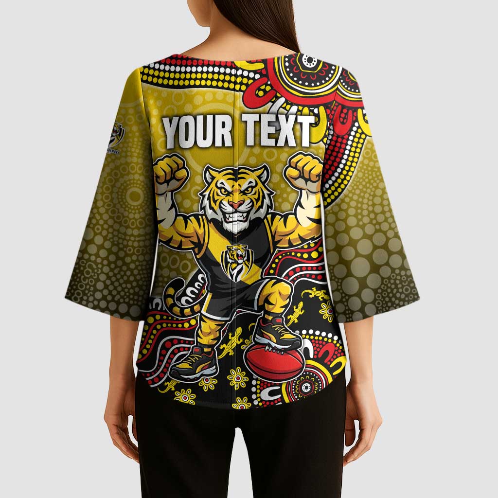 Personalized Richmond Tigers  Football Mascot Kimono Sleeve Blouse Aboriginal Dot Art Style Vibrant Indigenous Pattern Design