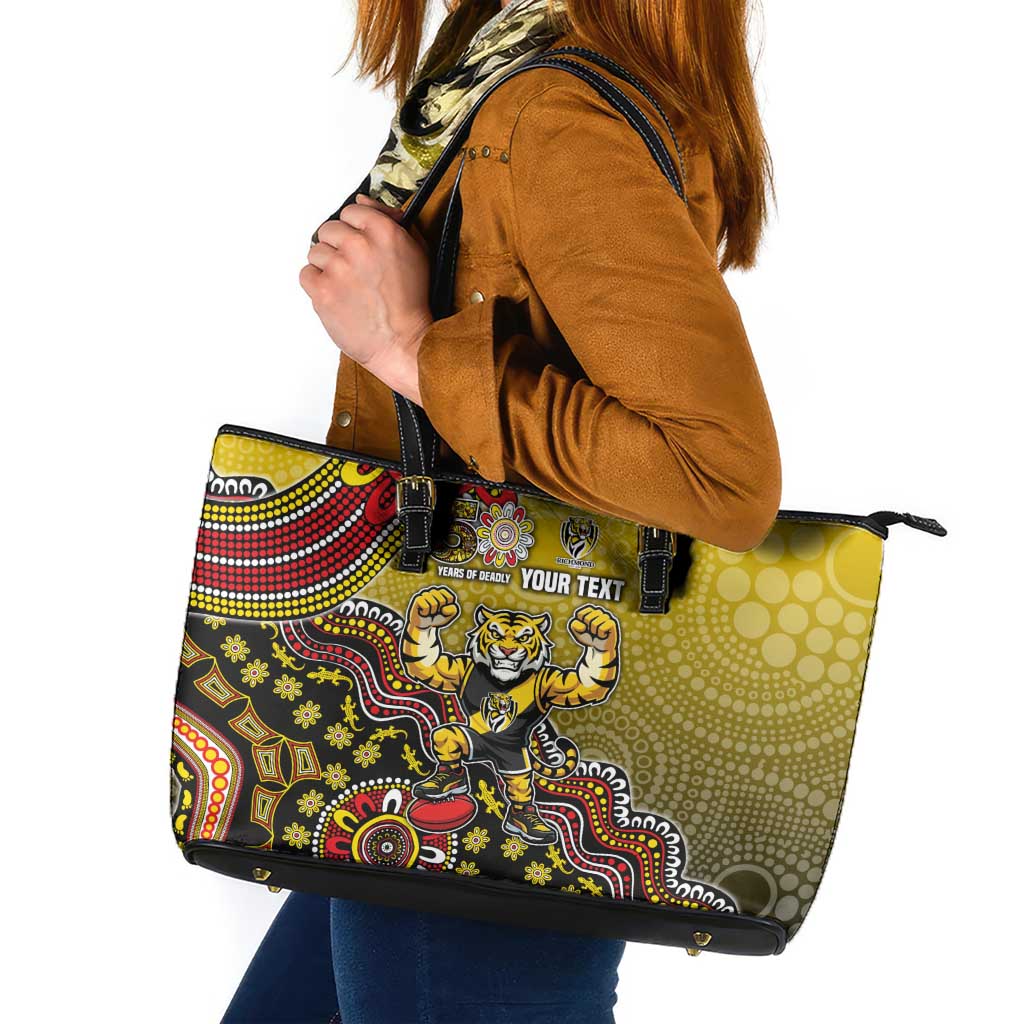 Personalized Richmond Tigers  Football Mascot Leather Tote Bag Aboriginal Dot Art Style Vibrant Indigenous Pattern Design