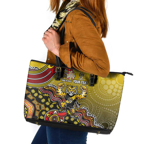Personalized Richmond Tigers  Football Mascot Leather Tote Bag Aboriginal Dot Art Style Vibrant Indigenous Pattern Design