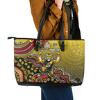 Personalized Richmond Tigers  Football Mascot Leather Tote Bag Aboriginal Dot Art Style Vibrant Indigenous Pattern Design