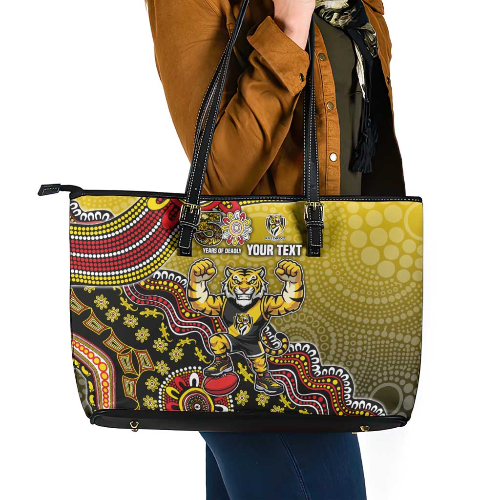 Personalized Richmond Tigers  Football Mascot Leather Tote Bag Aboriginal Dot Art Style Vibrant Indigenous Pattern Design