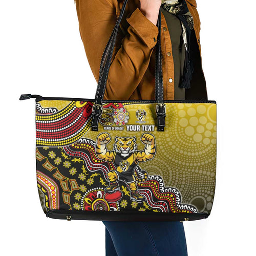 Personalized Richmond Tigers  Football Mascot Leather Tote Bag Aboriginal Dot Art Style Vibrant Indigenous Pattern Design