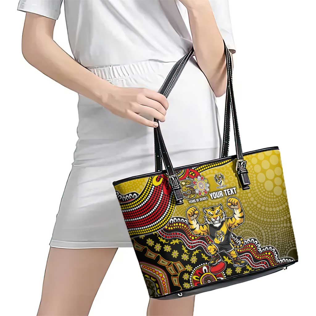 Personalized Richmond Tigers  Football Mascot Leather Tote Bag Aboriginal Dot Art Style Vibrant Indigenous Pattern Design