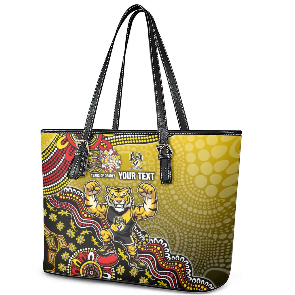 Personalized Richmond Tigers  Football Mascot Leather Tote Bag Aboriginal Dot Art Style Vibrant Indigenous Pattern Design