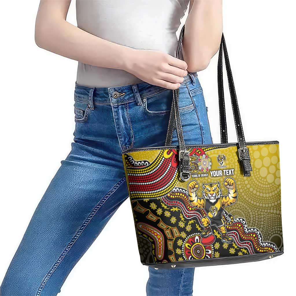Personalized Richmond Tigers  Football Mascot Leather Tote Bag Aboriginal Dot Art Style Vibrant Indigenous Pattern Design