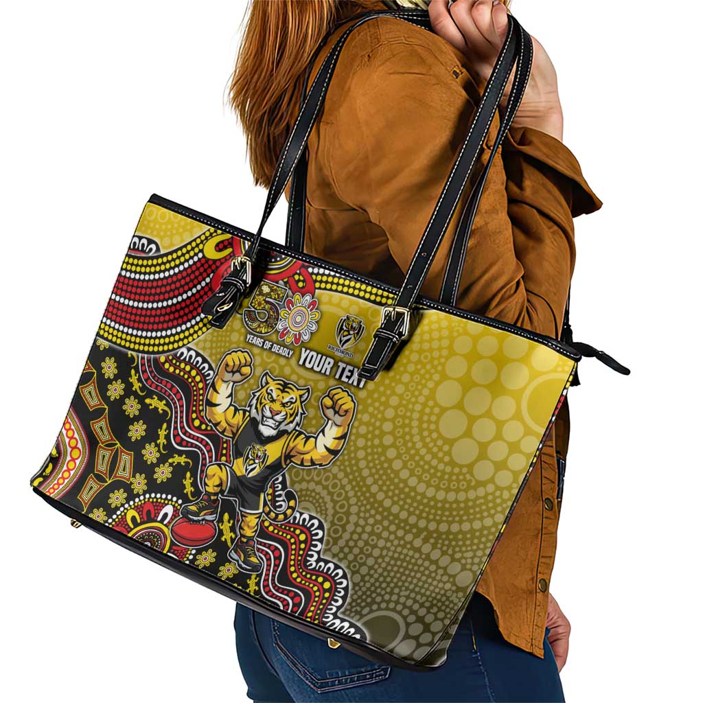 Personalized Richmond Tigers  Football Mascot Leather Tote Bag Aboriginal Dot Art Style Vibrant Indigenous Pattern Design