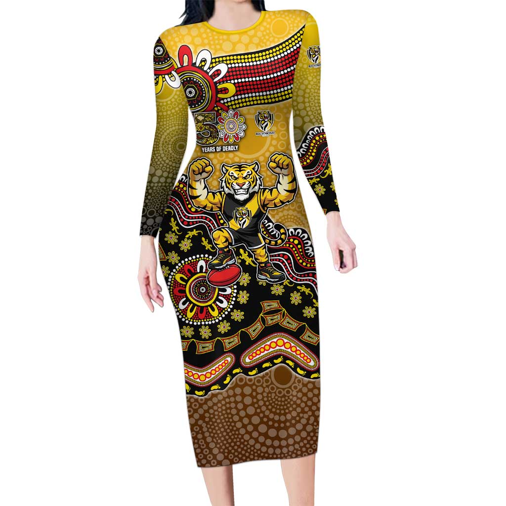 Personalized Richmond Tigers  Football Mascot Long Sleeve Bodycon Dress Aboriginal Dot Art Style Vibrant Indigenous Pattern Design