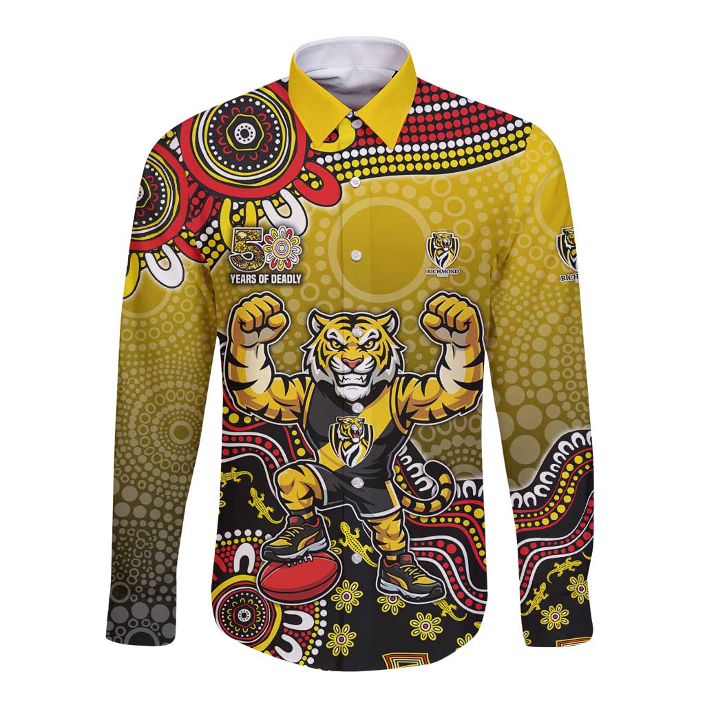 Personalized Richmond Tigers  Football Mascot Long Sleeve Button Shirt Aboriginal Dot Art Style Vibrant Indigenous Pattern Design
