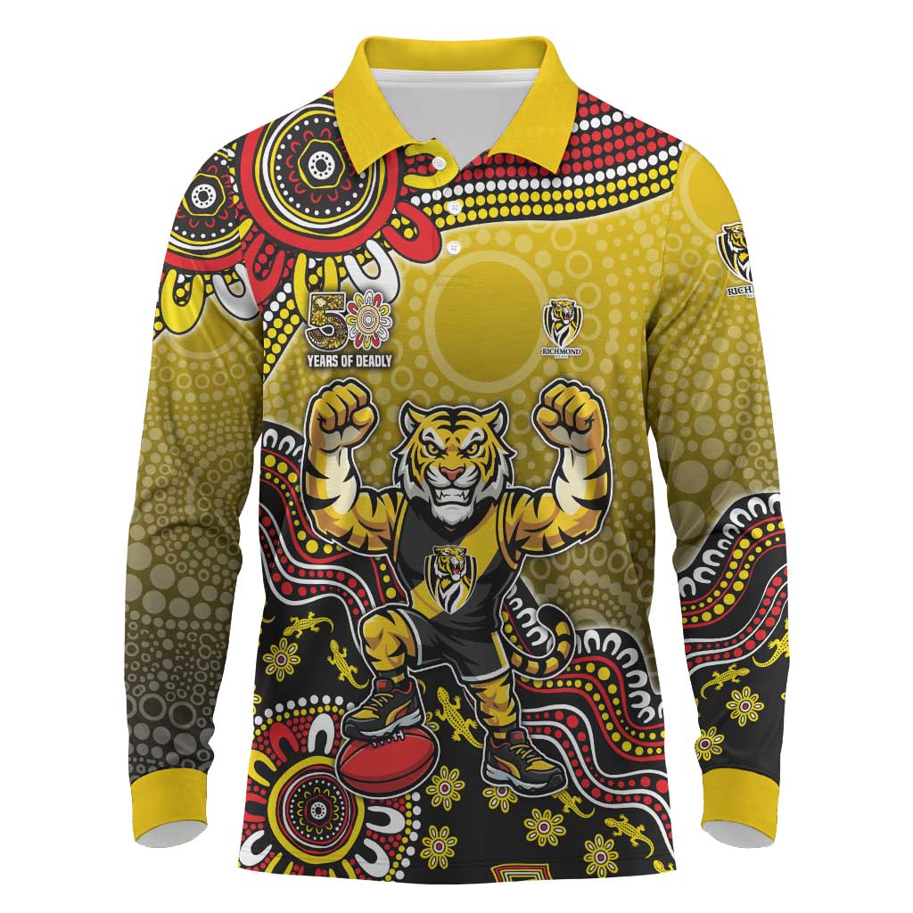 Personalized Richmond Tigers  Football Mascot Long Sleeve Polo Shirt Aboriginal Dot Art Style Vibrant Indigenous Pattern Design