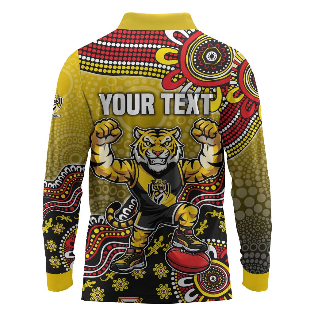 Personalized Richmond Tigers  Football Mascot Long Sleeve Polo Shirt Aboriginal Dot Art Style Vibrant Indigenous Pattern Design