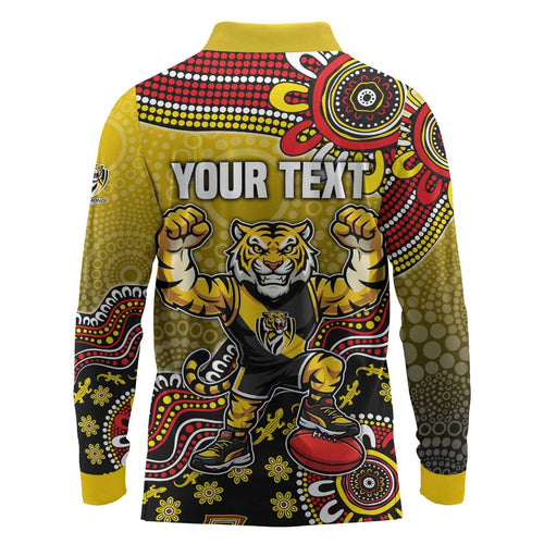 Personalized Richmond Tigers  Football Mascot Long Sleeve Polo Shirt Aboriginal Dot Art Style Vibrant Indigenous Pattern Design