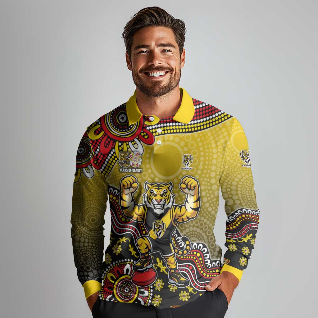 Personalized Richmond Tigers  Football Mascot Long Sleeve Polo Shirt Aboriginal Dot Art Style Vibrant Indigenous Pattern Design