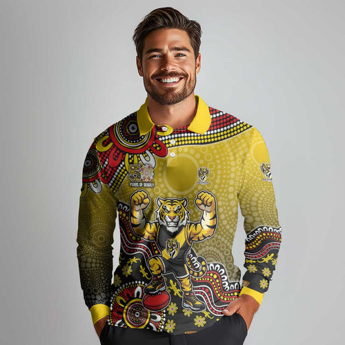 Personalized Richmond Tigers  Football Mascot Long Sleeve Polo Shirt Aboriginal Dot Art Style Vibrant Indigenous Pattern Design