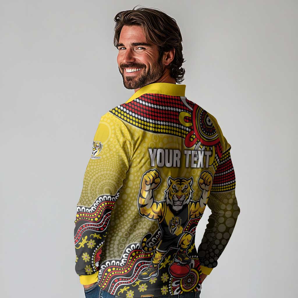 Personalized Richmond Tigers  Football Mascot Long Sleeve Polo Shirt Aboriginal Dot Art Style Vibrant Indigenous Pattern Design