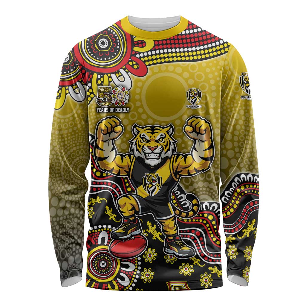 Personalized Richmond Tigers  Football Mascot Long Sleeve Shirt Aboriginal Dot Art Style Vibrant Indigenous Pattern Design