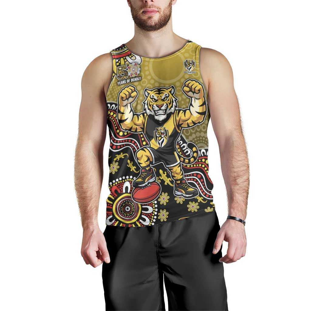 Personalized Richmond Tigers  Football Mascot Men Tank Top Aboriginal Dot Art Style Vibrant Indigenous Pattern Design