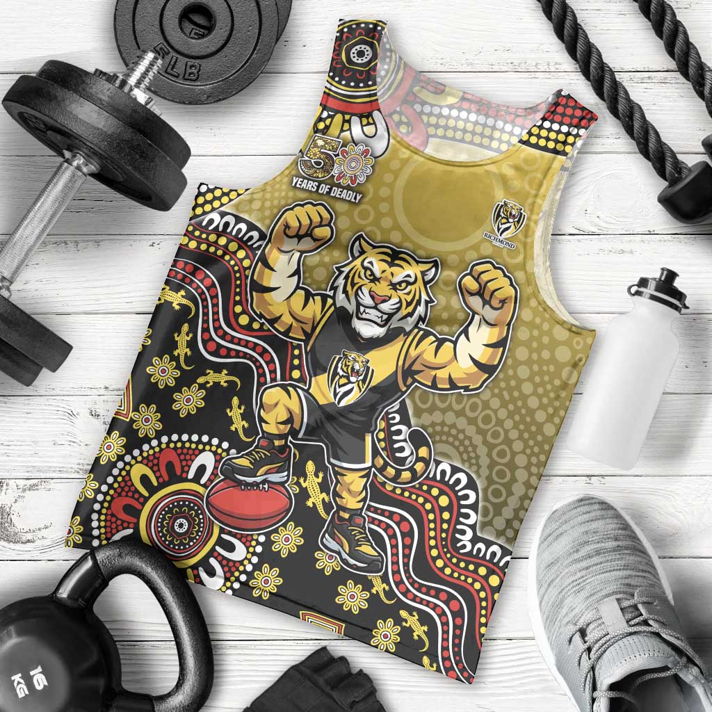 Personalized Richmond Tigers  Football Mascot Men Tank Top Aboriginal Dot Art Style Vibrant Indigenous Pattern Design