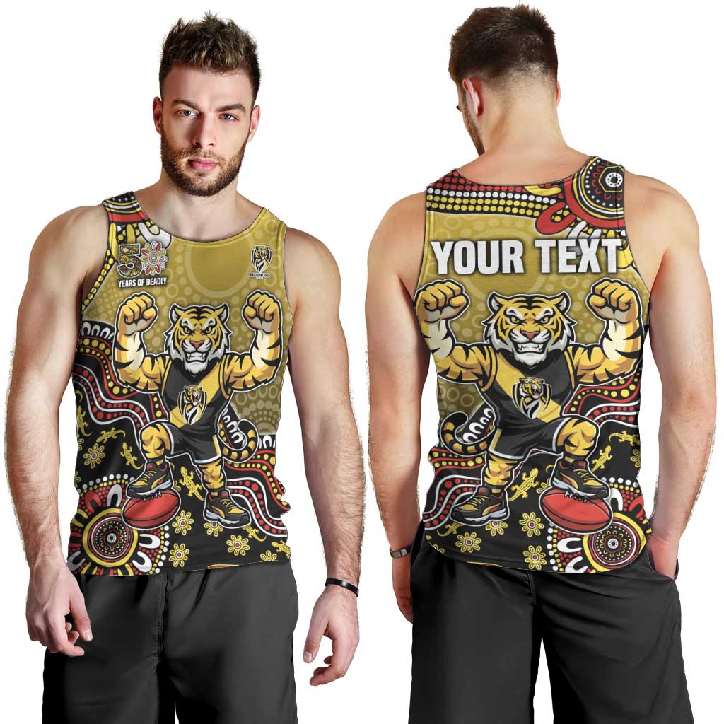 Personalized Richmond Tigers  Football Mascot Men Tank Top Aboriginal Dot Art Style Vibrant Indigenous Pattern Design