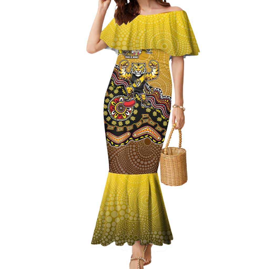 Personalized Richmond Tigers  Football Mascot Mermaid Dress Aboriginal Dot Art Style Vibrant Indigenous Pattern Design