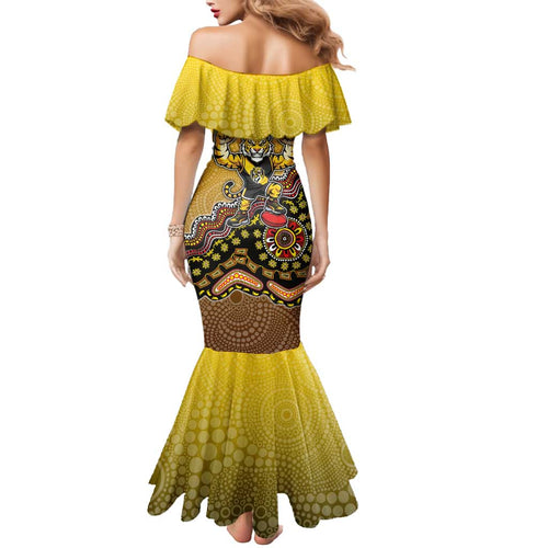 Personalized Richmond Tigers  Football Mascot Mermaid Dress Aboriginal Dot Art Style Vibrant Indigenous Pattern Design