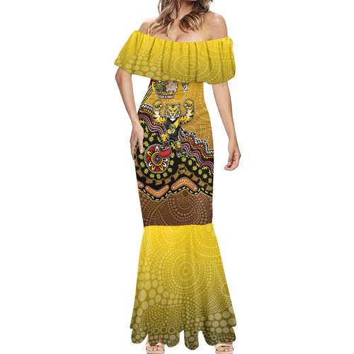 Personalized Richmond Tigers  Football Mascot Mermaid Dress Aboriginal Dot Art Style Vibrant Indigenous Pattern Design