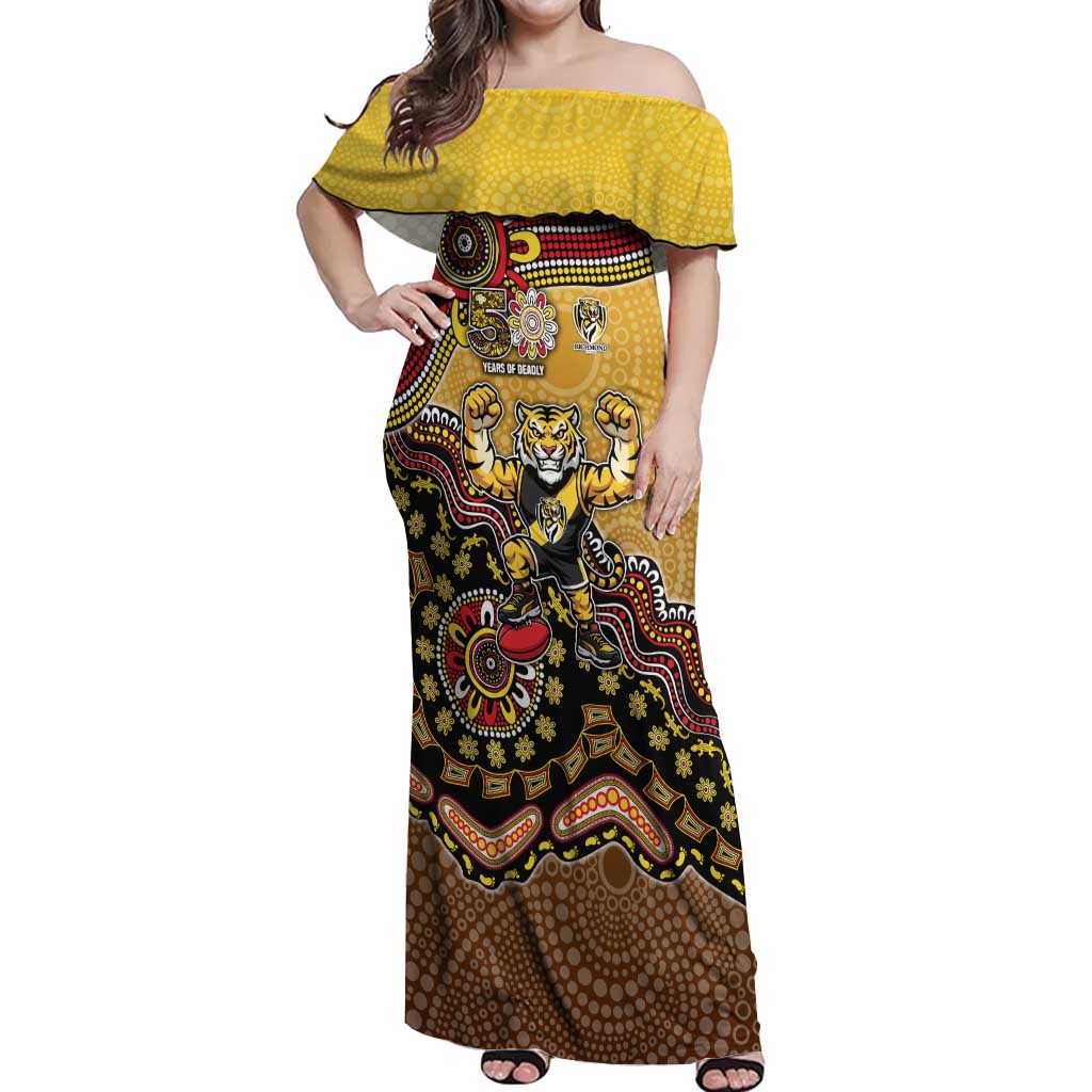 Personalized Richmond Tigers  Football Mascot Off Shoulder Maxi Dress Aboriginal Dot Art Style Vibrant Indigenous Pattern Design