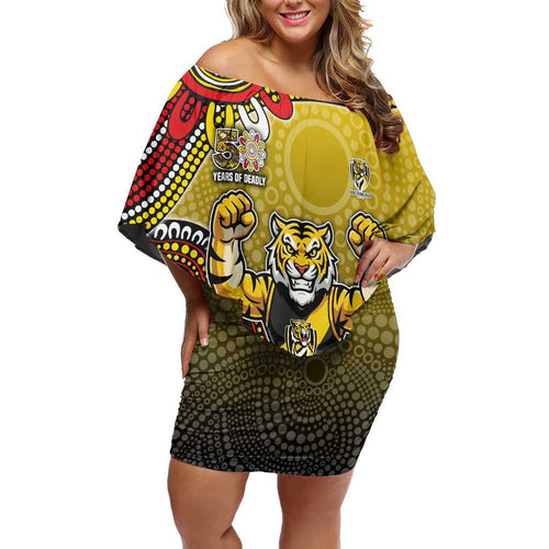 Personalized Richmond Tigers  Football Mascot Off Shoulder Short Dress Aboriginal Dot Art Style Vibrant Indigenous Pattern Design