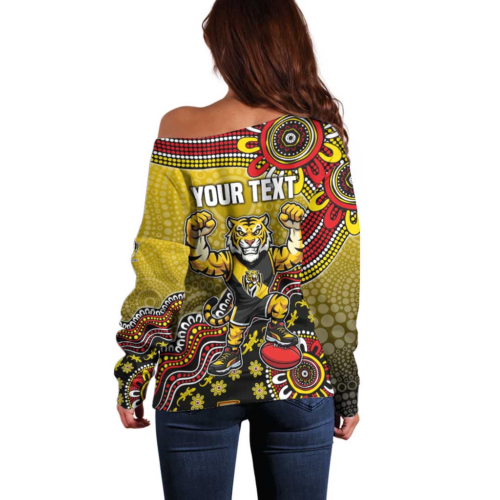 Personalized Richmond Tigers  Football Mascot Off Shoulder Sweater Aboriginal Dot Art Style Vibrant Indigenous Pattern Design