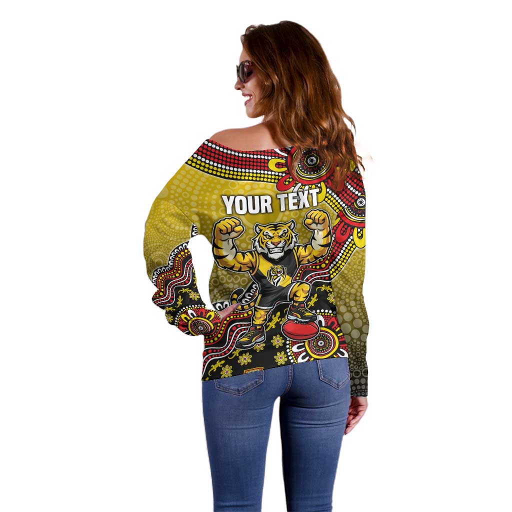 Personalized Richmond Tigers  Football Mascot Off Shoulder Sweater Aboriginal Dot Art Style Vibrant Indigenous Pattern Design