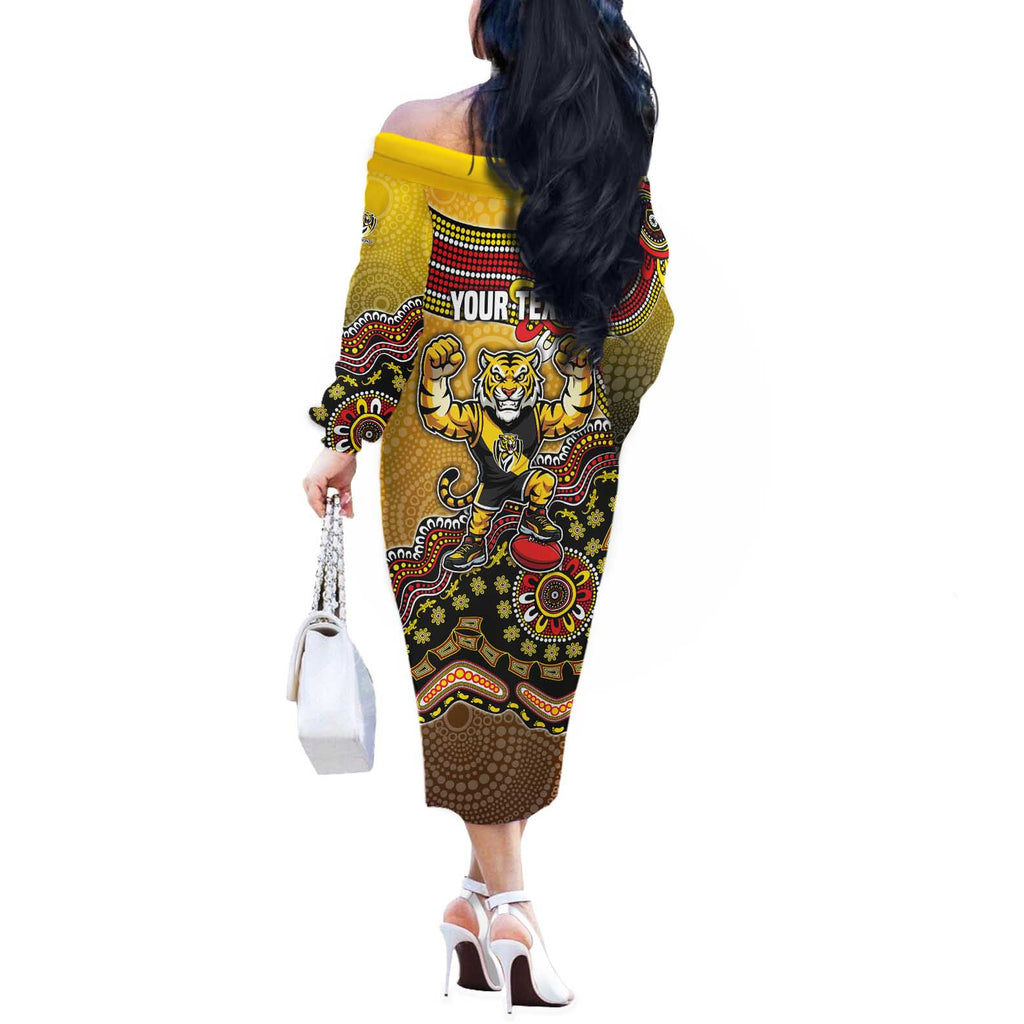 Personalized Richmond Tigers  Football Mascot Off The Shoulder Long Sleeve Dress Aboriginal Dot Art Style Vibrant Indigenous Pattern Design