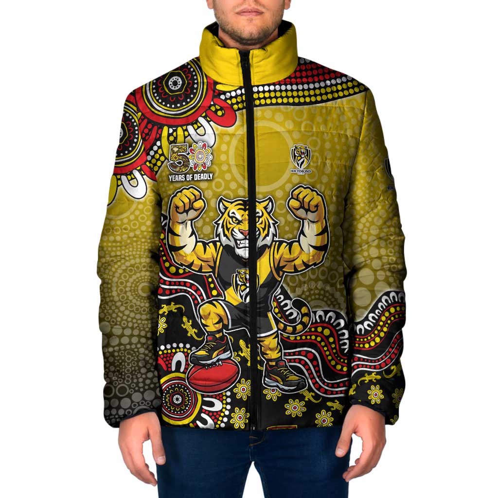 Personalized Richmond Tigers  Football Mascot Padded Jacket Aboriginal Dot Art Style Vibrant Indigenous Pattern Design