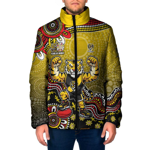 Personalized Richmond Tigers  Football Mascot Padded Jacket Aboriginal Dot Art Style Vibrant Indigenous Pattern Design
