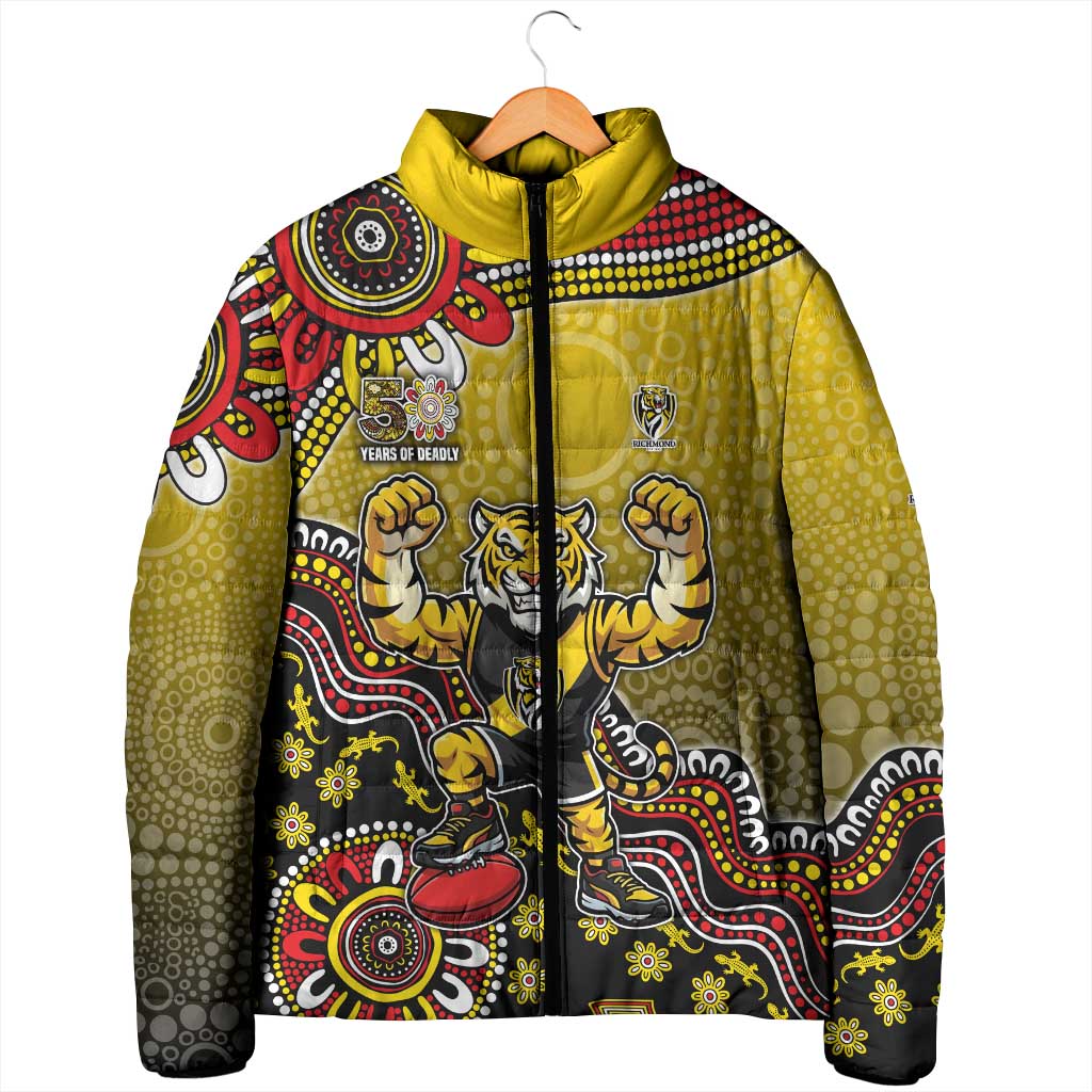Personalized Richmond Tigers  Football Mascot Padded Jacket Aboriginal Dot Art Style Vibrant Indigenous Pattern Design