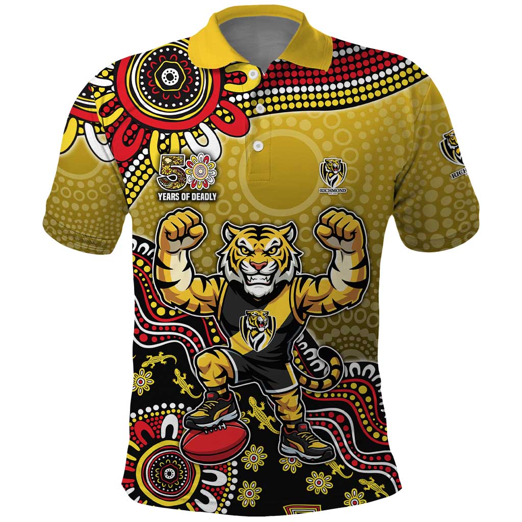 Personalized Richmond Tigers  Football Mascot Polo Shirt Aboriginal Dot Art Style Vibrant Indigenous Pattern Design